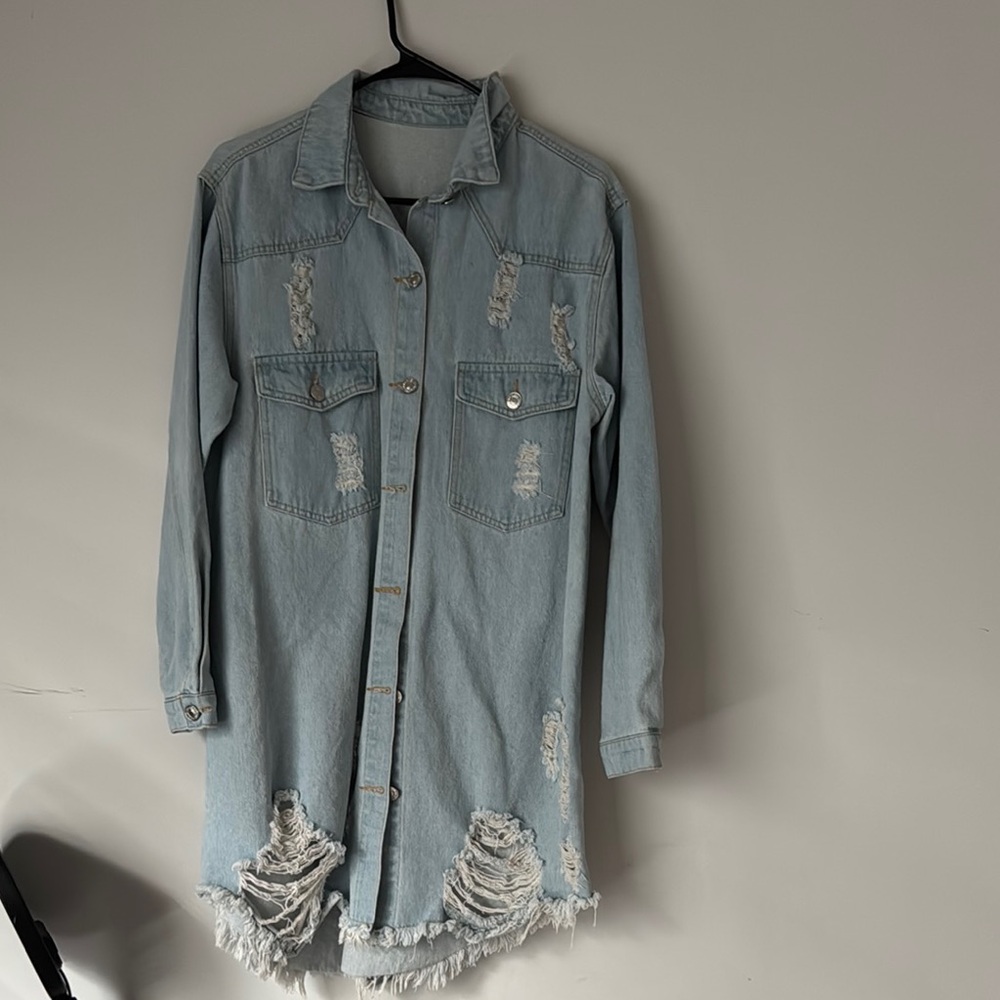 Distressed Denim Long Jacket
